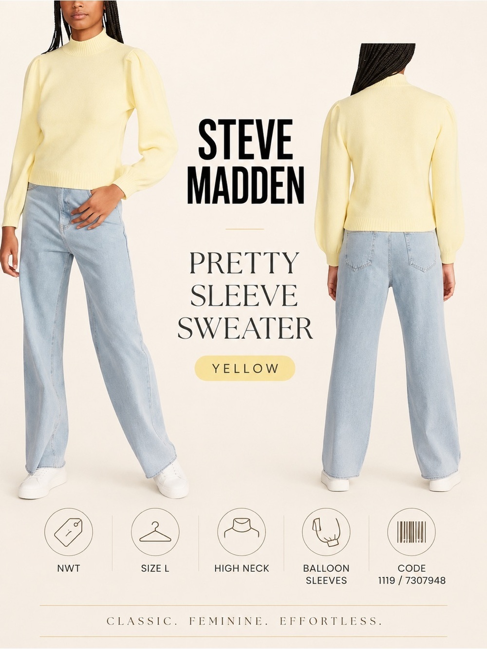 Steve Madden Yellow Pretty Sleeve High Neck Sweater NWT L